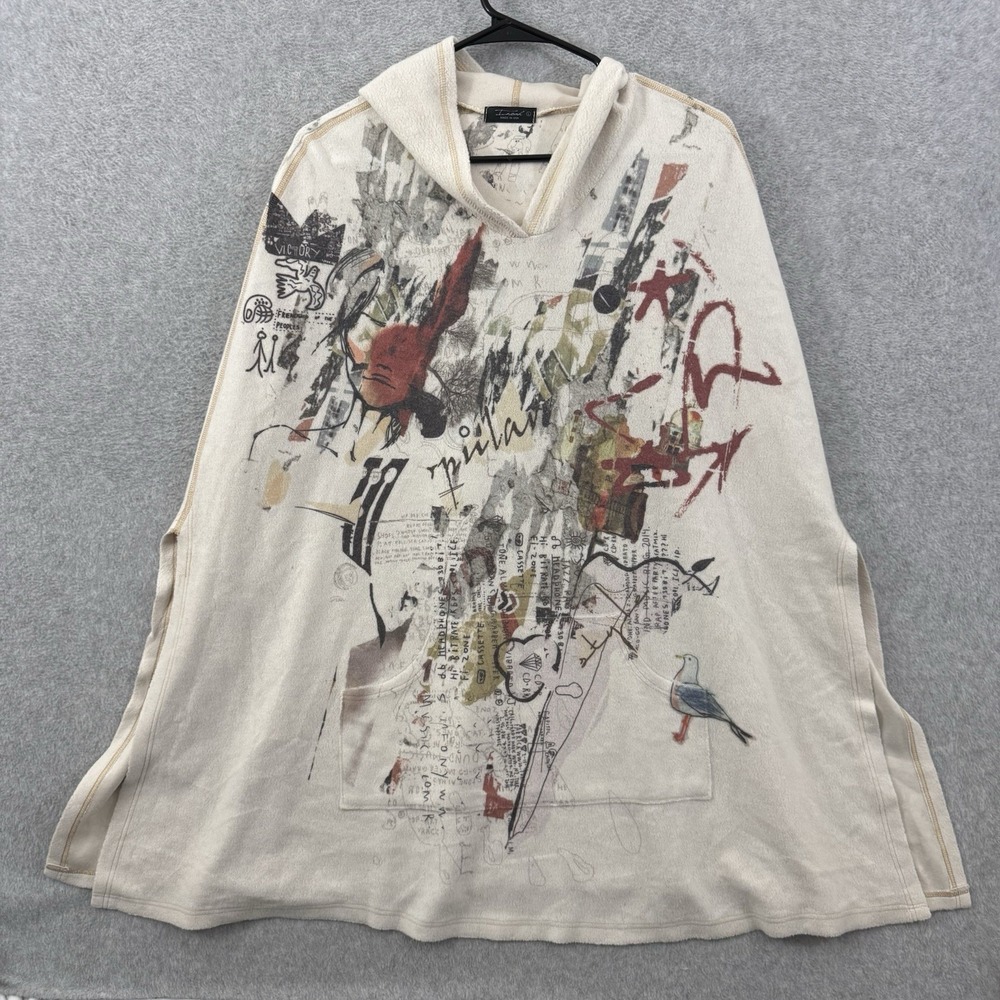 INOAH Poncho Top Womens Large Beige Hoodie Whimsical Street Art Festival Hooded